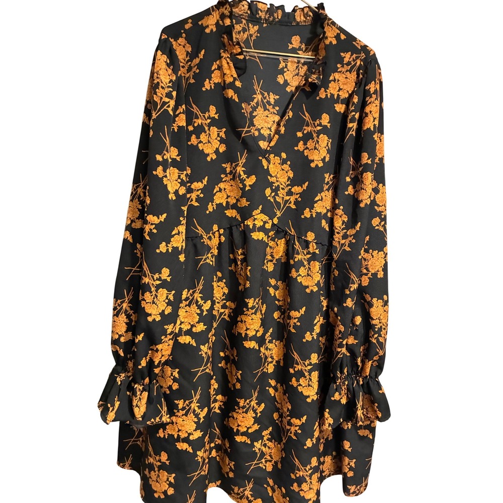 SHEIN Curve 1XL Black Orange Floral Babydoll Dress Ruffle Neck Long Sleeve